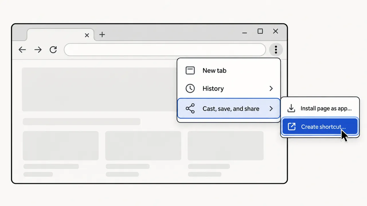Browser menu: Cast, save, and share, then Create shortcut