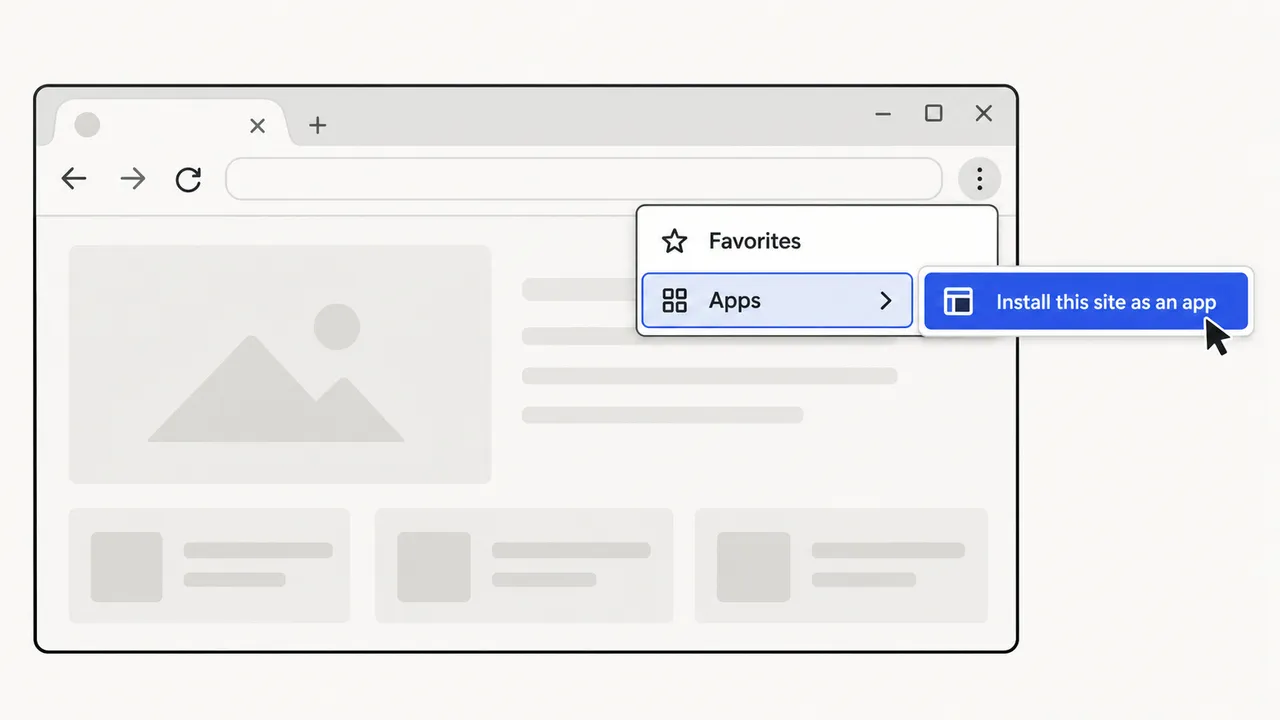 Browser menu: Apps, then Install this site as an app