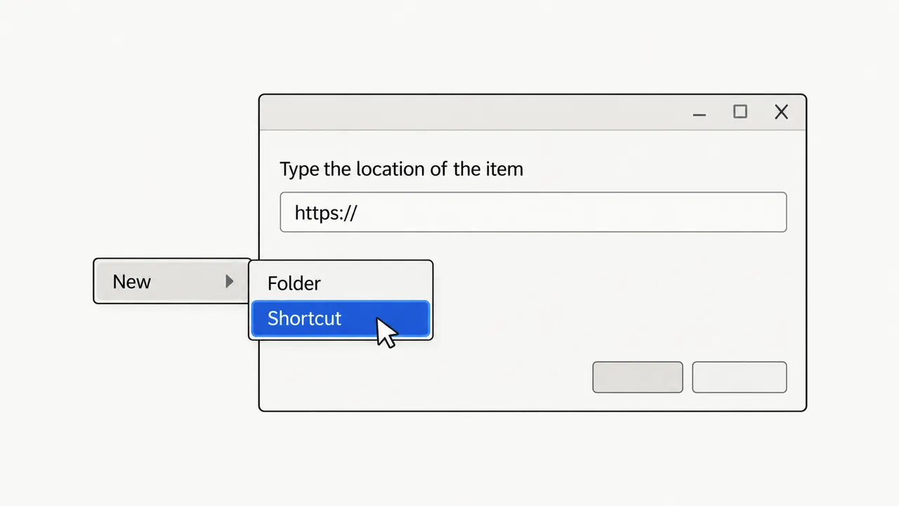 Desktop right-click menu New, Shortcut, and the wizard asking for the location of the item