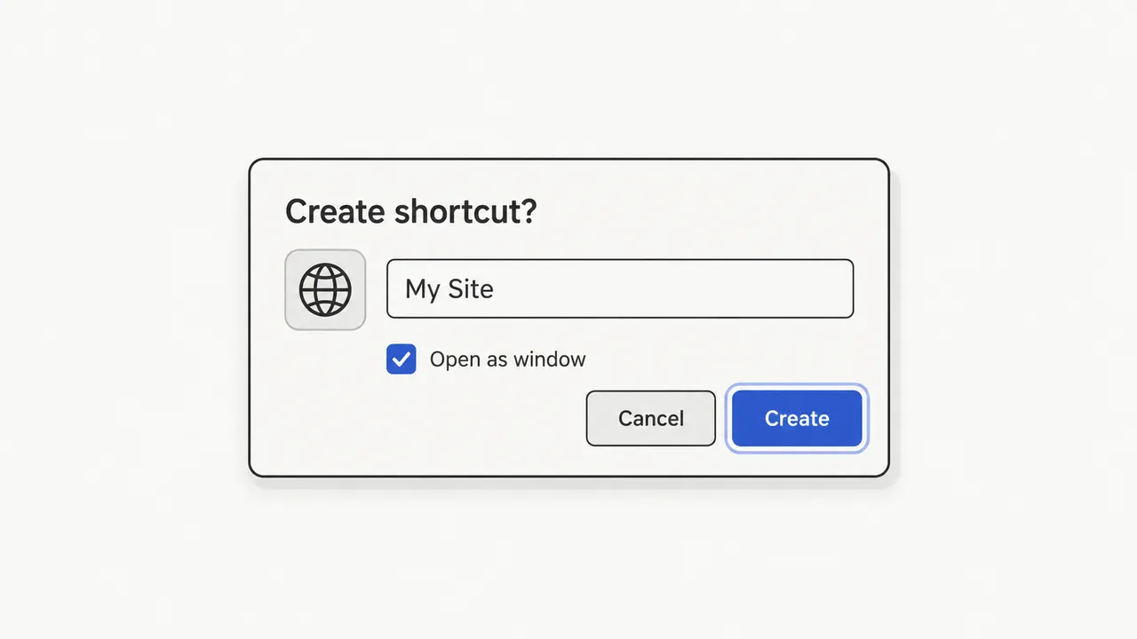 Create shortcut dialog with a name field and the Open as window checkbox