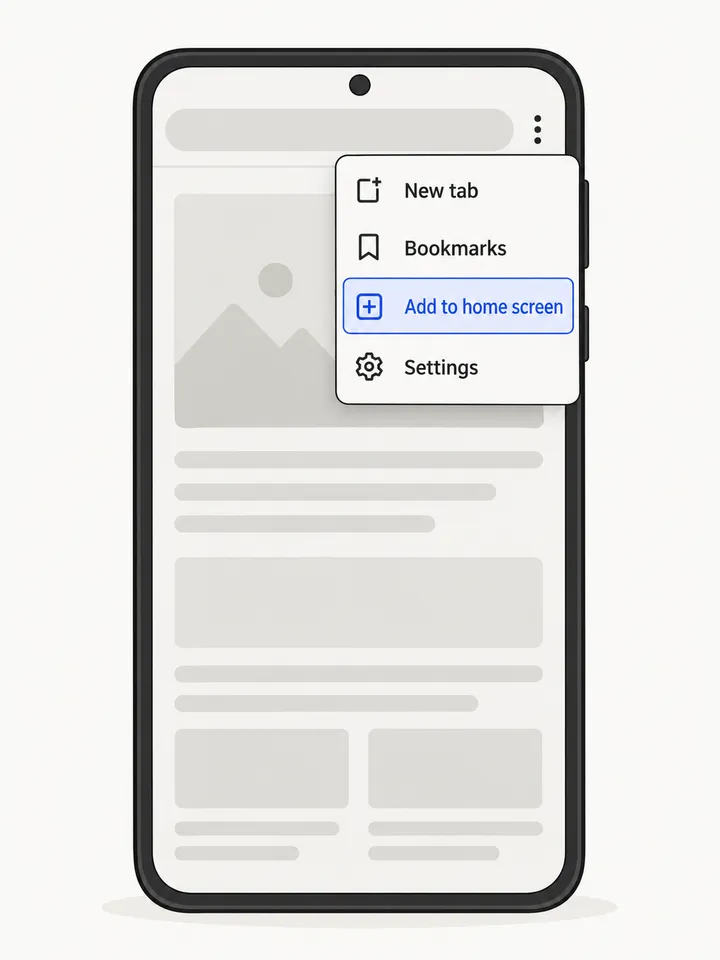 Android browser menu with Add to home screen highlighted