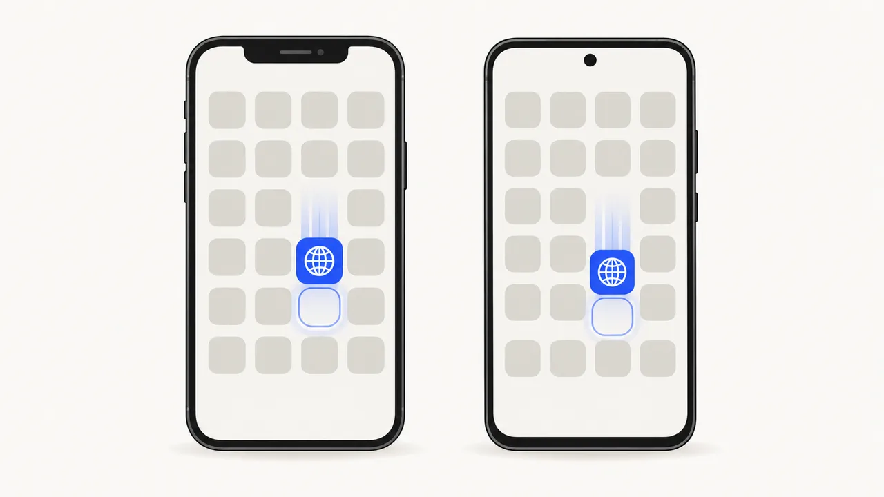 An iPhone and an Android phone each receiving a website icon on the home screen