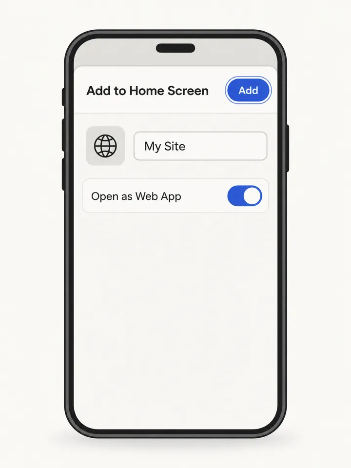 Add to Home Screen sheet with a name field, the Open as Web App switch and the Add button