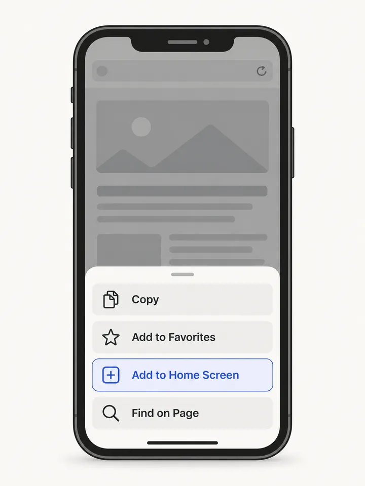 iPhone share sheet with Add to Home Screen highlighted