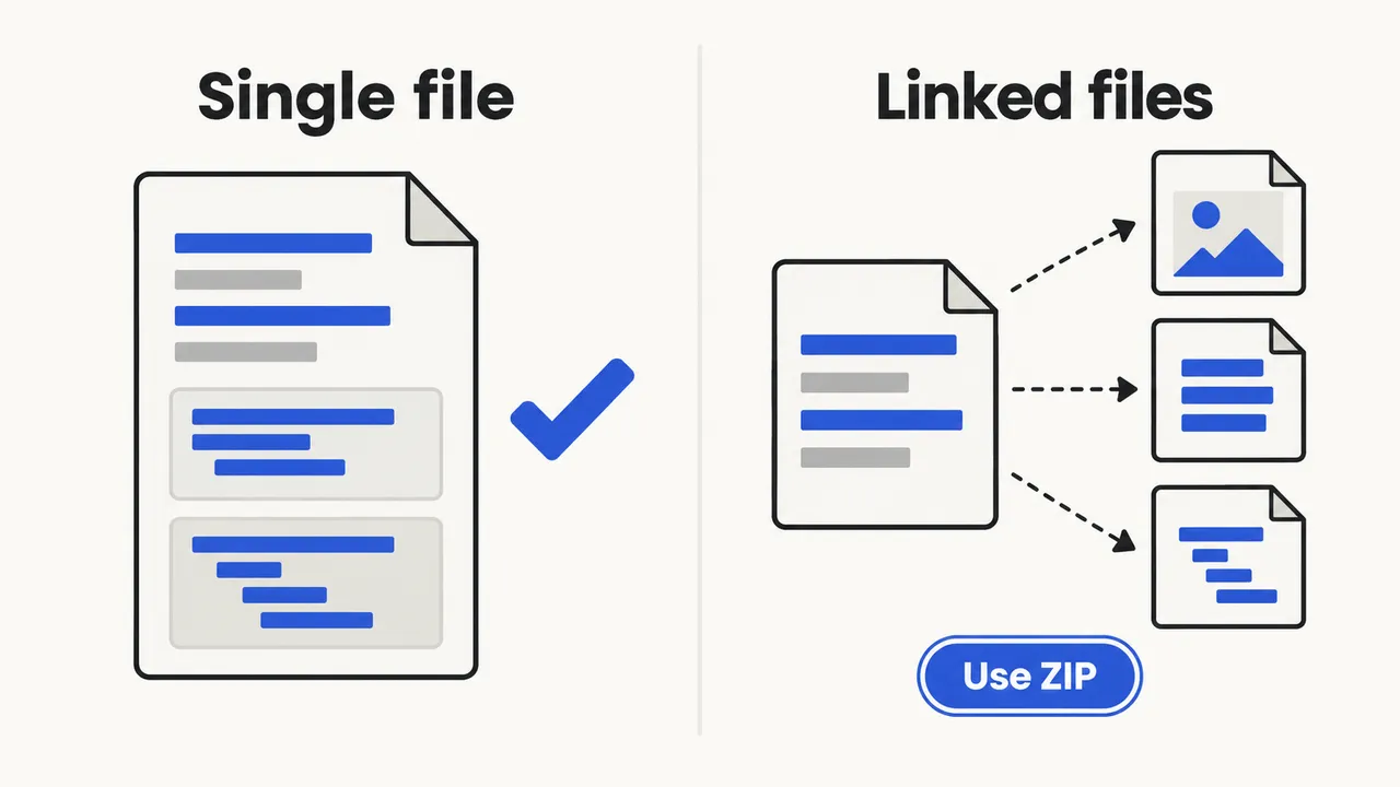 A single HTML file with inline code compared with an HTML file linking separate files that needs a ZIP