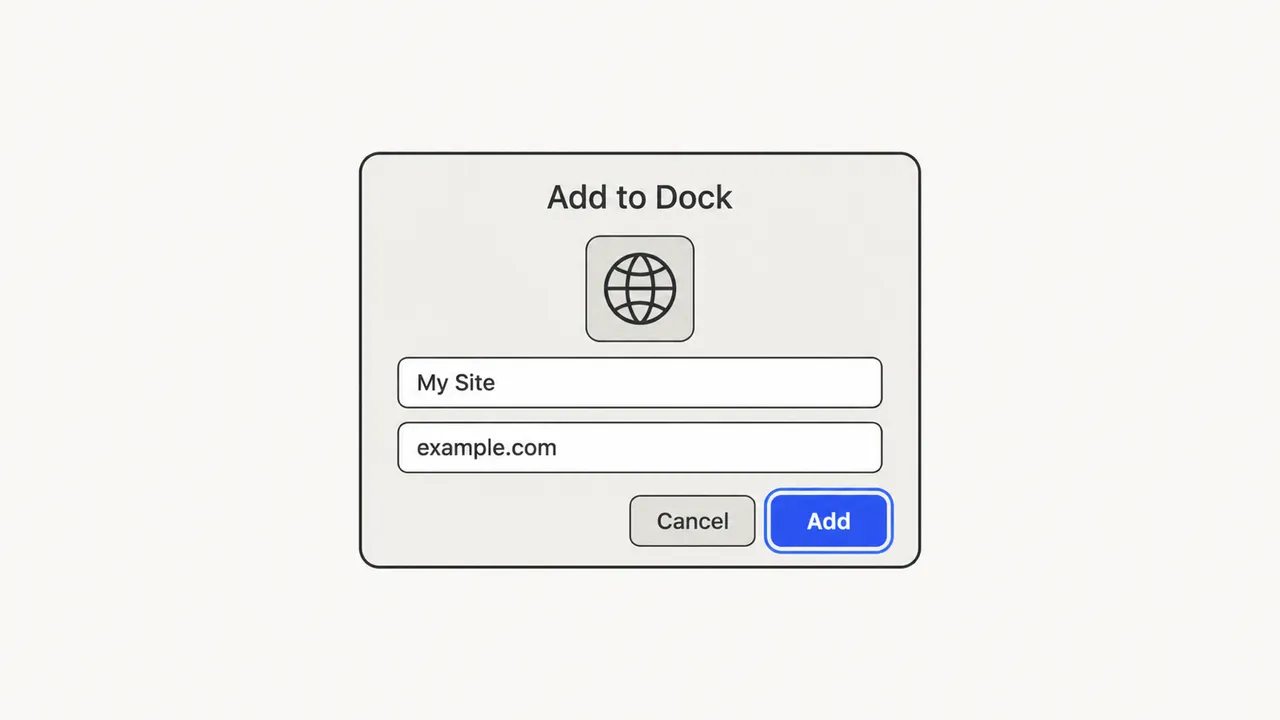 Add to Dock dialog with the web app name, address and Add button