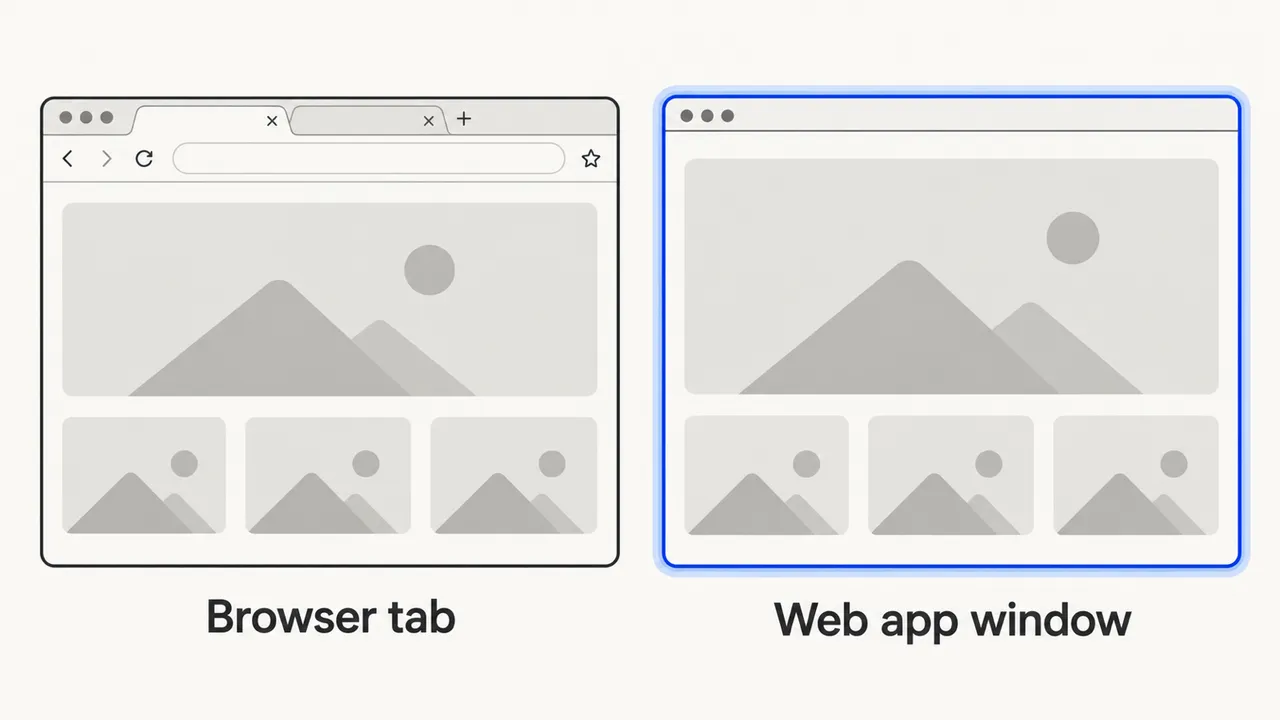 A browser tab compared with the same site in a standalone web app window