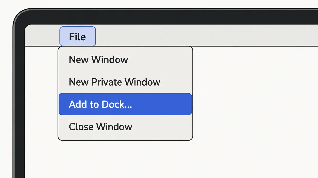 Safari File menu with Add to Dock highlighted