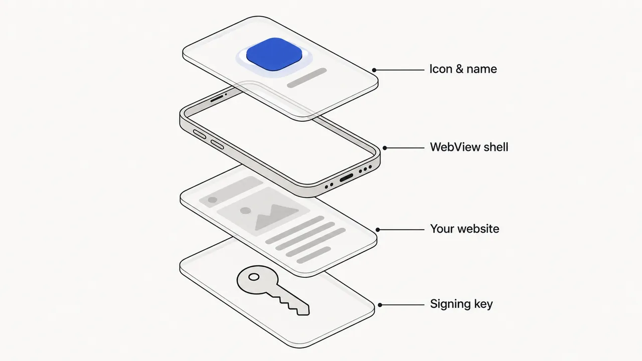 Exploded view of the APK: icon and name, WebView shell, your website and signing key