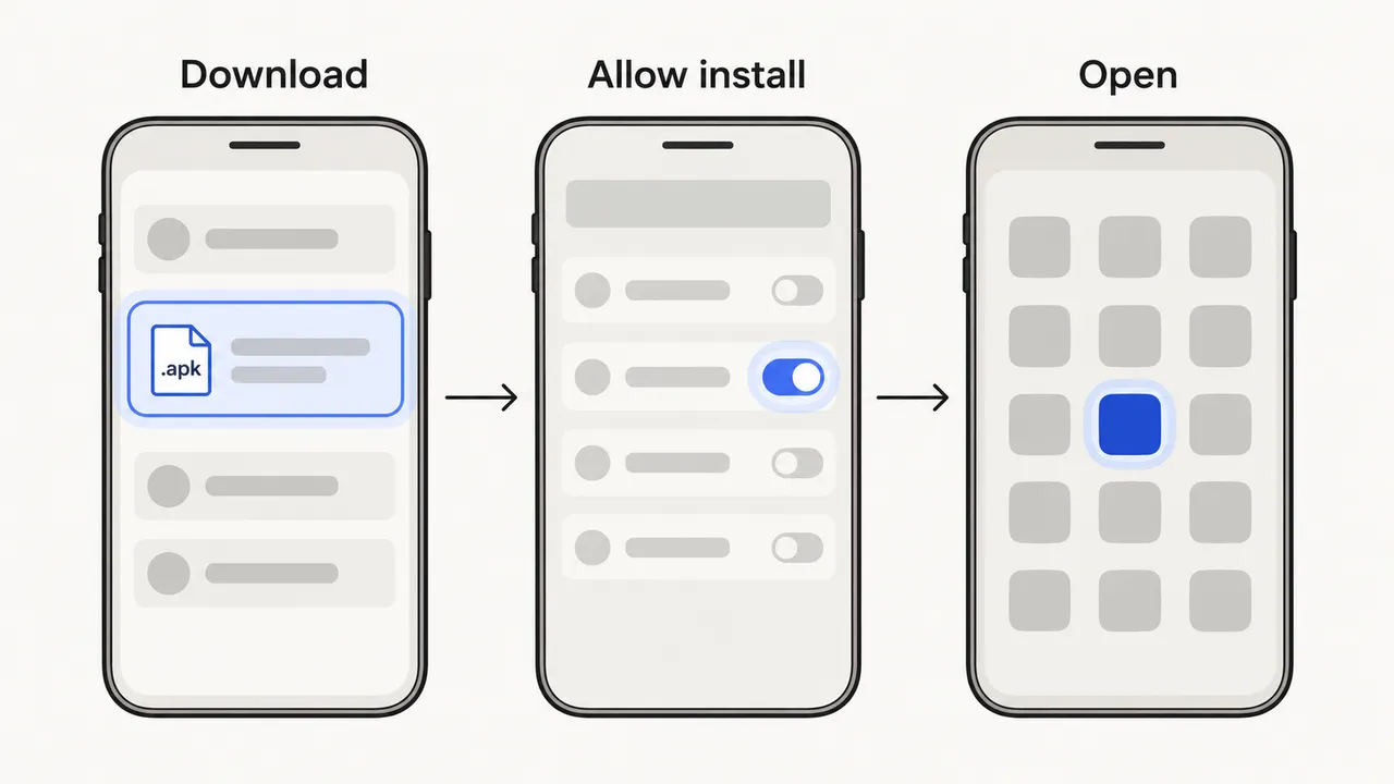 Three phone screens: download the APK, allow installs from that app, open the new app
