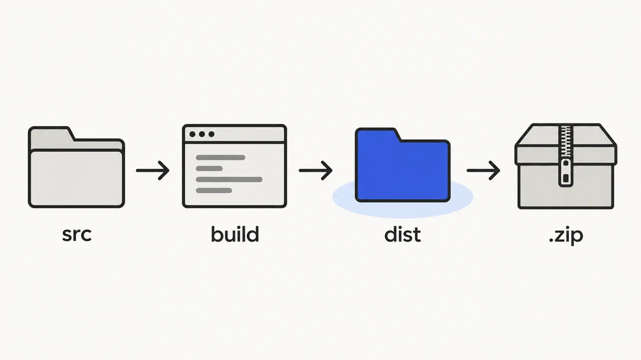 Project source goes through a build step into a dist folder, which is zipped