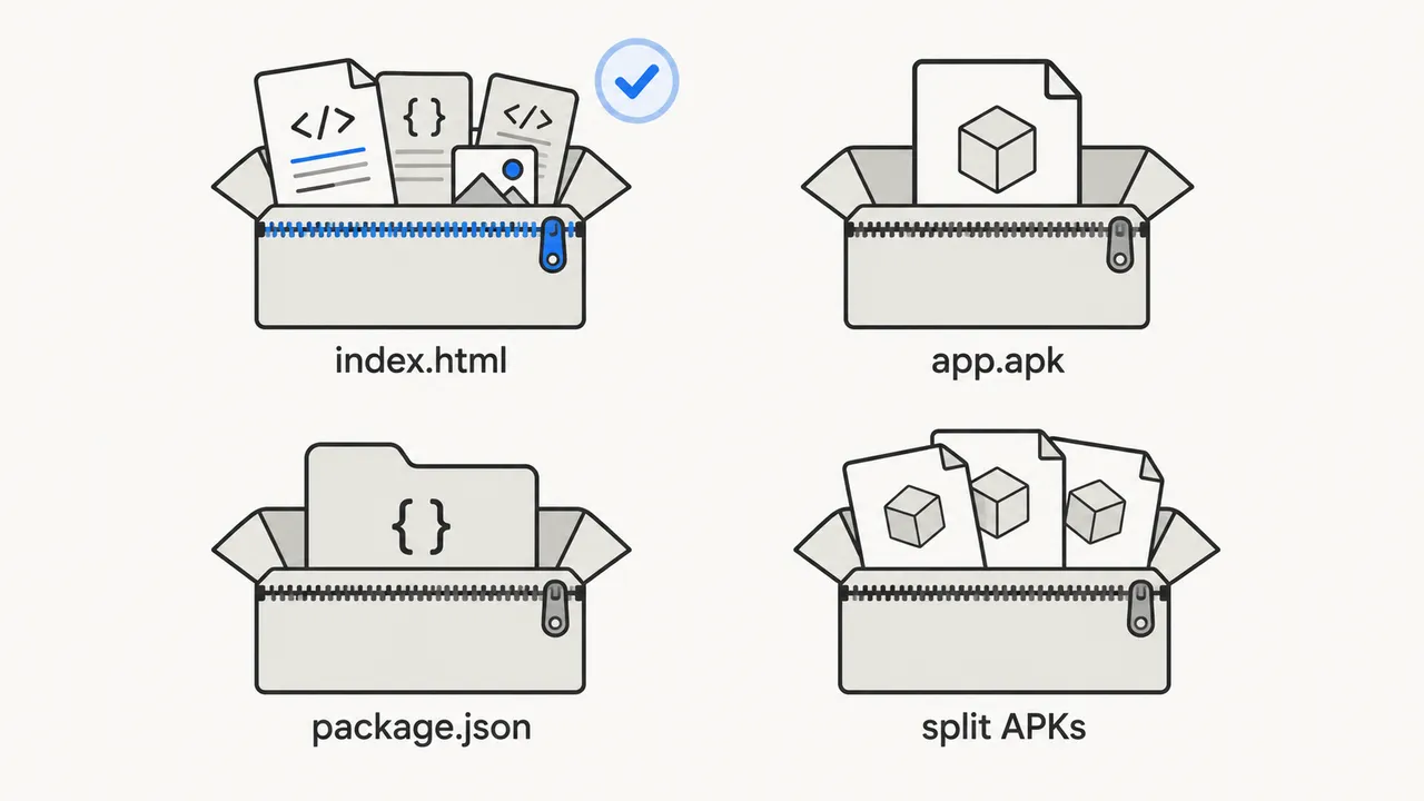 Four kinds of ZIP: website files with index.html, a single APK, a source project and split APKs