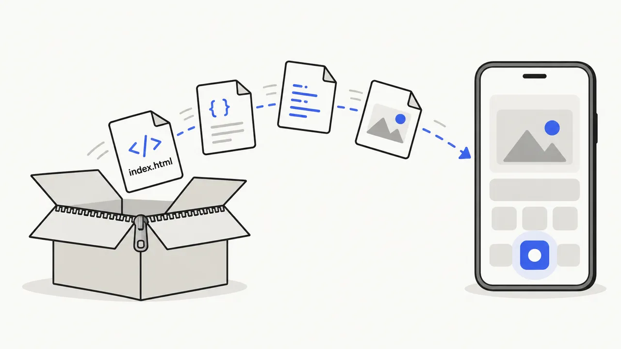 Website files flowing out of a ZIP archive into a phone app